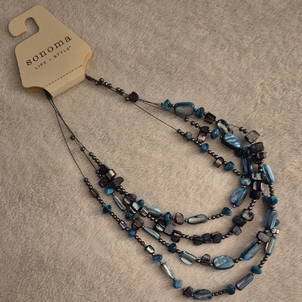 Sonoma layered beaded necklace in blue and black on sturdy wire.